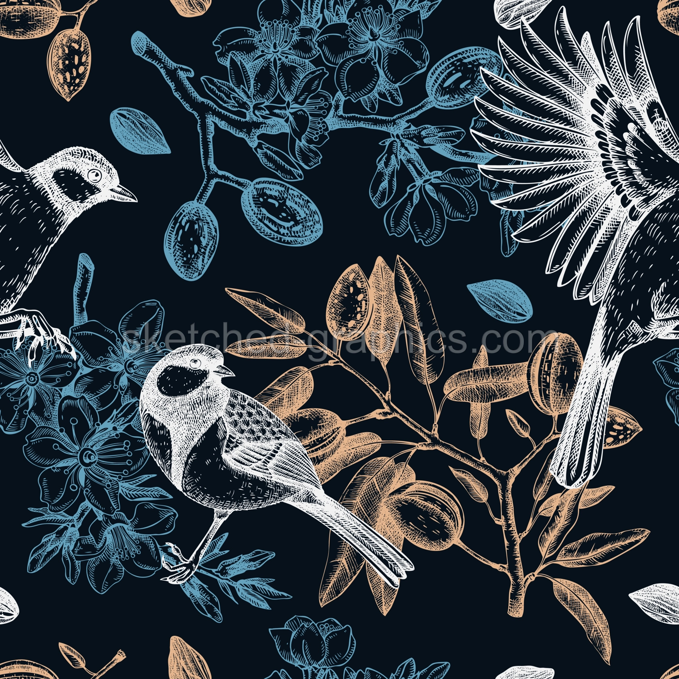 Floral spring garden seamless pattern. Birds on almond branches dark background design. Great tit with blooming twigs, nuts, flowers, leaves backdrop. Wildlife vector illustration for prints Illustration